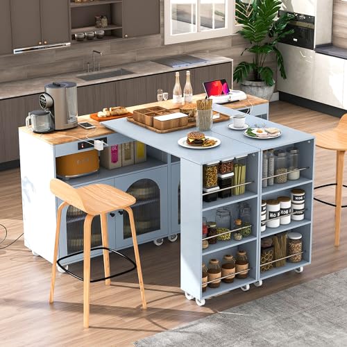 Rolling Kitchen Island with Extendable Swivel Table and Power Outlet, Kitchen Island on Wheels with Storage Cabinet, Fluted Glass Doors and Open Shelves for Small Spaces, Grey-Blue - color: Grey-blue