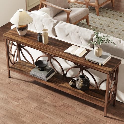 Tribesigns 70.9-Inch Narrow Sofa Table, Industrial Long Sofa Table Behind Couch, Entry Console Table with Storage for Entryway, Living Room, Foyer, Unique Design, Brown Glossy - color: Brown Glossy