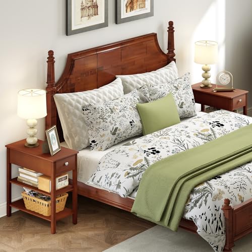 Giantex Narrow End Table Set of 2, Farmhouse Side Tables with Drawer & Storage Shelves, Wood Sofa Side Table, 3-Tier Night Stand for Small Space Living Room Bedroom, Brown - color: Brown