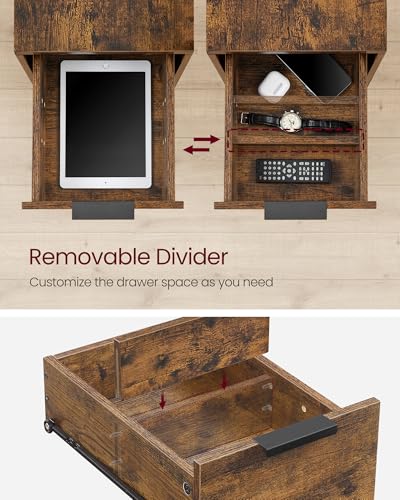 VASAGLE Side End Table with Charging Station, Slim Nightstand with 2 Drawers, Narrow Bedside Table for Living Room, Small Spaces, Rustic Brown and Ink Black ULET321B01V1S - color: Rustic Brown + Ink Black, size: 23.6"D x 11.8"W