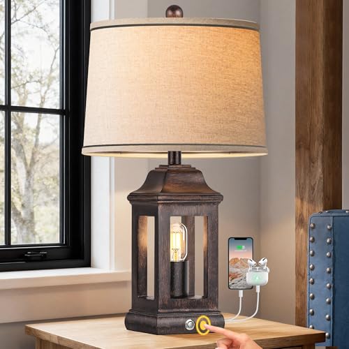 24" Rustic Farmhouse Table Lamps for Living Room, Single Pack Touch Dimmable Nightlight Vintage Bedside Lamps with USB A+C Ports & Dual Light Sources for Bedroom Nightstand End Table, Antique Black - color: Antique Black