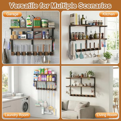 Housolution Wall Mount Broom Holder Laundry Room Storage Organizer Shelves | 2 Tier Large Capacity, Thickened Metal Frame, 100 LBS High Load-Bearing, Multifunctional with 7 Grippers & 8 Hooks - size: 7 Grippers with 2 Tier Shelf