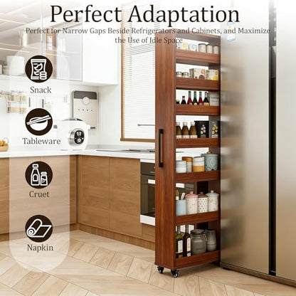 Rolling Spice Rack Next to Side of Fridge Storage Slim Narrow Shelf Lightweight 7 Tier Wooden Storage Cart for Kitchen, Dining Room, Bathroom, Small Spaces (Teak, 72.4" H x 9.8" W x 21.6" D) - color: Teak