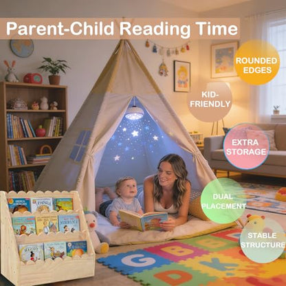 Kids Bookshelf-3-Tier Wooden Book Shelf for Kids Rooms 17.72*16.54*10.63in | Nursery&Toddlers Montessori Bookcase with Deep Storage Pockets, Baby Book Storage,Children's Bookshelf for Nursery&Bedroom - size: Small