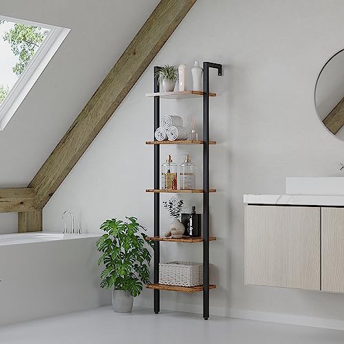 YMYNY 5 Tiers Ladder Bookcase, Industrial Wall Mounted Bookshelf, Open Display Rack with Metal Frame, Wooden Storage Shelves for Bedroom, Home Office, Plant Stand, Rustic Brown, 70*17.3*11.8"UHBC015H - color: Rustic Brown