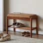 Solid Wood Shoe Bench, 24 Inch Entryway Bench with Brown Leather Cushion | Premium brown leather cushion paired with walnut wood finish adds refined texture and mid century style. - color: Walnut + Brown Leather Cushion, size: 23.62"