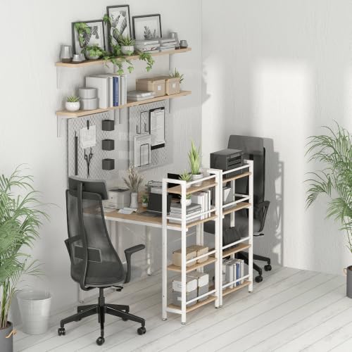 4NM 35.4" Small Computer Desk with 4-Tier Bookshelf and 8 Hooks, Home Office Desk Writing Workstation Study Table for Small Space Work - Natural and White