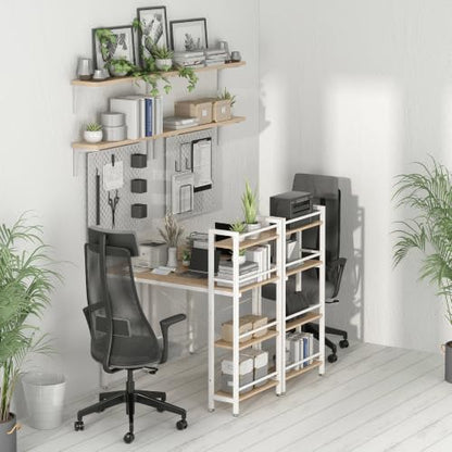 4NM 35.4" Small Computer Desk with 4-Tier Bookshelf and 8 Hooks, Home Office Desk Writing Workstation Study Table for Small Space Work - Natural and White