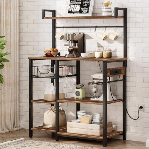 HOOBRO Bakers Rack with Power Outlet, 35.4 Inches Coffee Bar with Mesh Basket, Microwave Stand with 4 S-Shaped Hooks, Kitchen Bakers Rack with Storage, Easy to Assemble, Rustic Brown BF05HB01 - color: Rustic Brown + Black