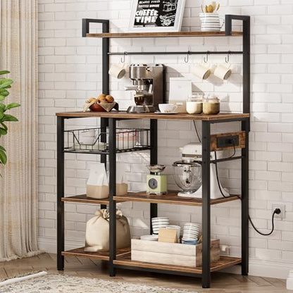 HOOBRO Bakers Rack with Power Outlet, 35.4 Inches Coffee Bar with Mesh Basket, Microwave Stand with 4 S-Shaped Hooks, Kitchen Bakers Rack with Storage, Easy to Assemble, Rustic Brown BF05HB01 - color: Rustic Brown + Black