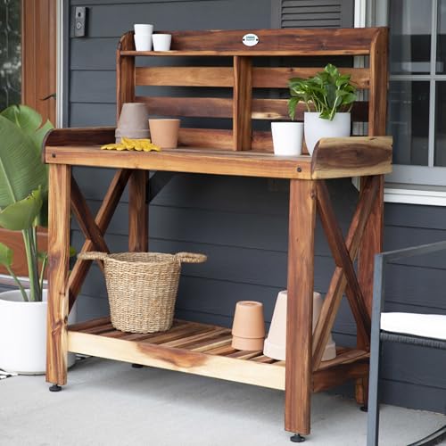 Backyard Discovery 47" Acacia Wood Garden Potting Bench & Serving Bar with Lower Storage Shelf, Leveling Feet, All-Weather Farmhouse Design for Patio, Deck, Porch, Kitchen, Dining Room - style: With Decorative Shelves