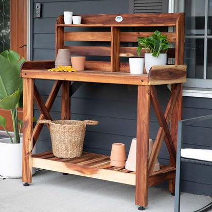 Backyard Discovery 47" Acacia Wood Garden Potting Bench & Serving Bar with Lower Storage Shelf, Leveling Feet, All-Weather Farmhouse Design for Patio, Deck, Porch, Kitchen, Dining Room - style: With Decorative Shelves