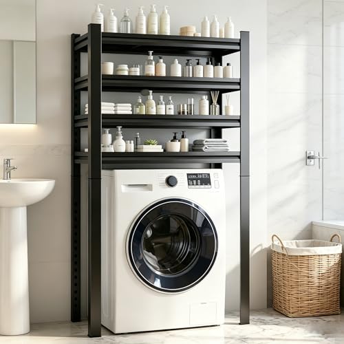 Over The Washer and Dryer Storage Shelf, Height-Adjustable 4-Tier Metal Organizer Rack for Washer Dryer, Space Saving Laundry Room Washer Shelf for Kitchen, Apartment, Black (63" Hx35.4" Wx11.8" D) - size: 63" Hx35.4" Wx11.8" D