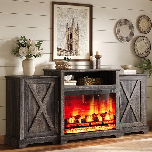 AMERLIFE 70" Farmhouse Fireplace TV Stand with Storage for TVs up to 80" | Entertainment Center with 29" Electric Fireplace, Media Console with 2 Cabinets & Adjustable Shelf, Rustic Black - color: Rustic Black, size: 70"