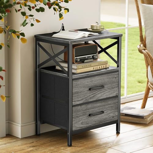 Huuger Nightstands Set of 2, Night Stand with Charger Station, 2 Drawer Side Table with Open Shelf, USB-C Port, End Table for Small Spaces, X Shaped Side Rail, Grey - color: Grey