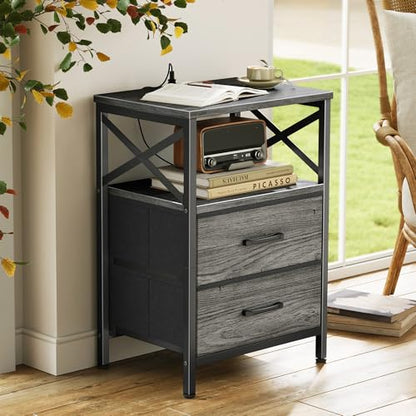 Huuger Nightstands Set of 2, Night Stand with Charger Station, 2 Drawer Side Table with Open Shelf, USB-C Port, End Table for Small Spaces, X Shaped Side Rail, Grey - color: Grey