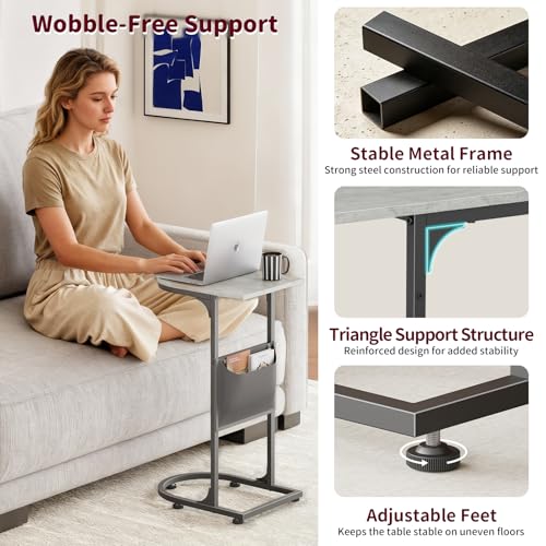 C Shaped End Table, Slide Under Small Side Table for Couch & Small Spaces | Wobble-Free C Table For Sofa, Greige, Storage Bag, Sturdy Metal Frame, Wood Top, Living Room & Bedroom, 15-Min Quick Assembly - color: Classic Greige
