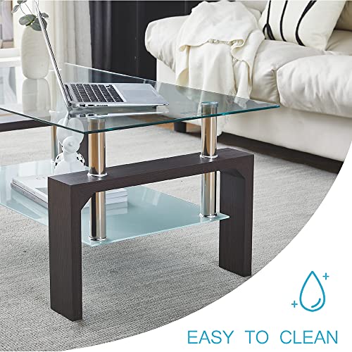 Btrpily Walnut Rectangular Coffee Table, 39.5in x 23.5in x 17.5in, Glass Tabletop with Lower Shelf, Adjustable Bottom Corners - color: Walnut