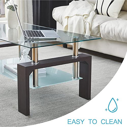 Btrpily Walnut Rectangular Coffee Table, 39.5in x 23.5in x 17.5in, Glass Tabletop with Lower Shelf, Adjustable Bottom Corners - color: Walnut