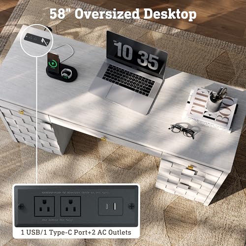 58" Executive Desk with Drawers, Home Office Desk with Charging Station & Keyboard Tray, Wood Office Desk with File Drawer & Storage Cabinet, Modern Computer Writing Desk with Adjustable Shelf, White