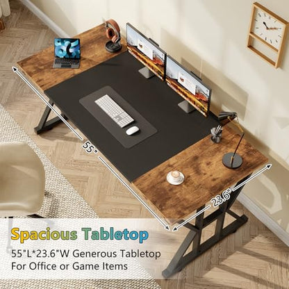 TVU Computer Desk, 55 inch Large Office Desk, Study Writing Table with Thicken Frame, Gaming Desk, Modern Simple Desk for Home Office, Rustic Brown/Black - color: Rustic Brown+black, size: 55inch