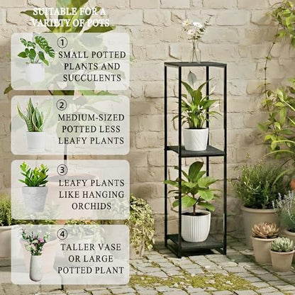 46" Tall 3-Tier Corner Plant Stand Indoor, Black | Functions as Flower Pots, Shelf, Decor Rack, Holder; Metal Frame with MDF Boards; for Living Room, Balcony; Modern Design