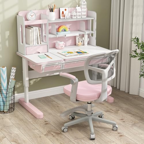HONEY JOY Kids Desk Chair, Children Study Chair with Adjustable Height/Armrest/Footrest, Swivel Rolling Mesh Task Student Chair, Kids Computer Chair for Teens Girls Boys, Home, School, Office (Pink) - color: Pink