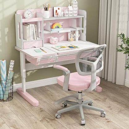 HONEY JOY Kids Desk Chair, Children Study Chair with Adjustable Height/Armrest/Footrest, Swivel Rolling Mesh Task Student Chair, Kids Computer Chair for Teens Girls Boys, Home, School, Office (Pink) - color: Pink