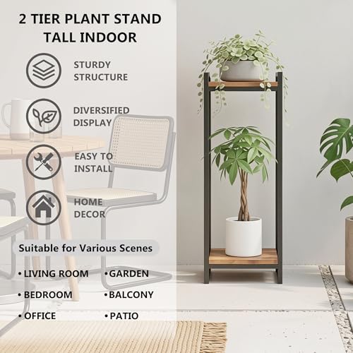 34" Tall Indoor Plant Stand, 2-Tier Flower Pot Rack, Rustic Brown | Modern Minimalist Look, Wood Finish, for Living Room, Bedroom, Balcony, Space-Saving, Sturdy Metal Frame