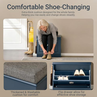 Haotian Small Shoe Storage Bench, Narrow Shoe Cabinet Entryway with 1 Flip-Drawer and Seat Cushion, Mini Shoe Rack Hallway Entrance Mudroom, Navy Blue FSR82-K-B - color: Navy, size: 1 Drawer:24x9.4x20"
