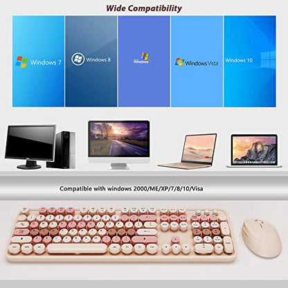 KOOTOP Wireless Keyboard and Mouse, Cute Keyboard and Mouse Combo with Retro Round Keycap, 2.4G Connectivity for PC, Mac, Laptop, Computer Windows (Milk Tea) - color: 3 Milk Tea