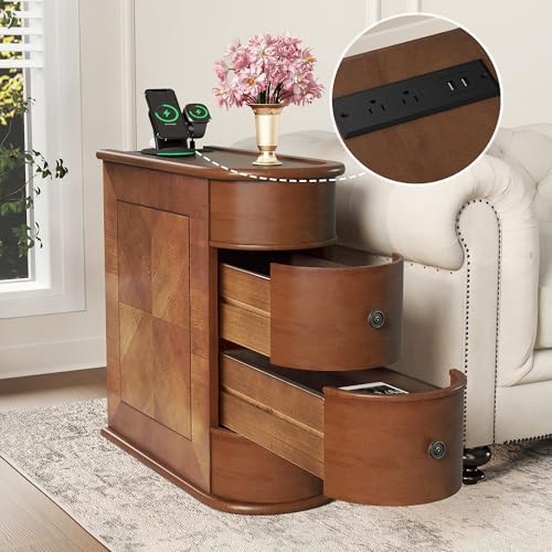 Multifunctional Classic End Table with Charging Station, Sofa Side Narrow Table Bedside Nightstand with Drawers, No Assembly Required - color: Walnut-6.26