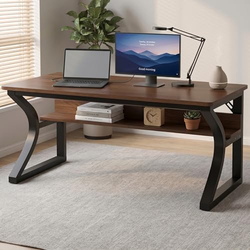 47'' Computer Desk Home Office Desk with Storage Shelf, Writing Study Desk for Small Space Sturdy Metal Frame Work Desk for Bedroom Home Office (Walnut, 55inch) - color: Walnut, size: 55inch