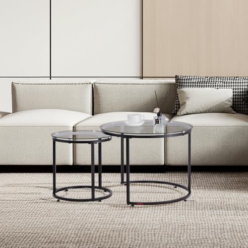 VEVOR Nesting Coffee Table Set of 2, 23.6 in Round Coffee Table, Glass Nesting Tables for Small Place, Modern End Side Tables Night Stand with Metal Frame, for Living Room, Bedroom, Balcony, Office - color: Black