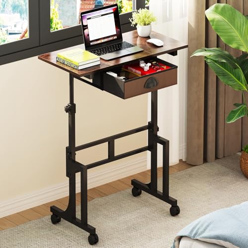 Adjustable Height Standing Desk With Drawer, Rolling Sit Stand Up Desk With Wheels, Small Sit To Stand Computer Desk, Adjustable Desktop Height, On Wheels, Brown, For Walking Pad Laptop Treadmill - color: Brown, size: With Drawer