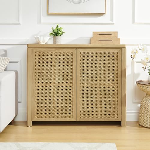 Mid Century Modern Rattan Sideboard 39.4’’ Small Coffee Bar Console Buffet Cabinet Table for Living Dining Room Entryway Hallway, Natural