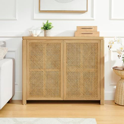 Mid Century Modern Rattan Sideboard 39.4’’ Small Coffee Bar Console Buffet Cabinet Table for Living Dining Room Entryway Hallway, Natural