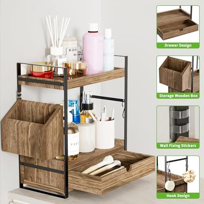 2-Tier Bathroom Counter Organizer, Wooden Vanity Shelf with Drawer & Basket | Pre-Drilled Holes, Skincare & Makeup Countertop Organizer and storage, Dark Brown - color: Dark Brown