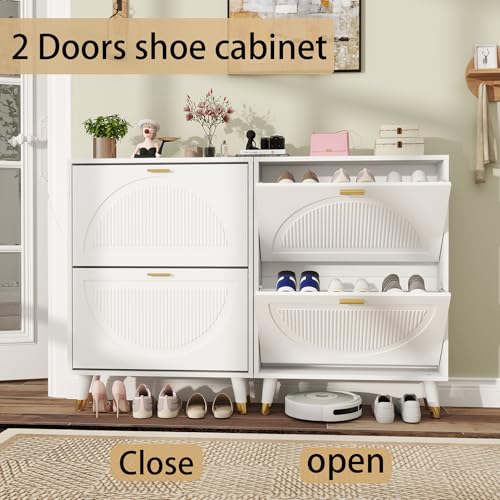 White Shoe Storage Cabinet: 24" Ultra Thin Small Shoe Cabinet for Entryway, Modern Slim and Narrow Hidden Shoes Rack Organizer with Doors and 2 Flip Drawer (1 Piece, 25") - size: 25"