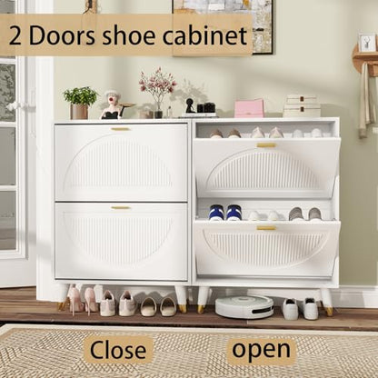 White Shoe Storage Cabinet: 24" Ultra Thin Small Shoe Cabinet for Entryway, Modern Slim and Narrow Hidden Shoes Rack Organizer with Doors and 2 Flip Drawer (1 Piece, 25") - size: 25"