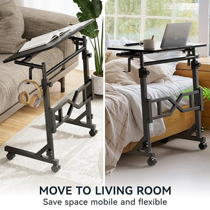 Oransail Small Standing Desk with Wheels, 29.5-45.3 Inch Adjustable Height, Portable Treadmill Desk, Rolling Computer Table for Walking Pad with a Cup Holder and a Hook - color: Black