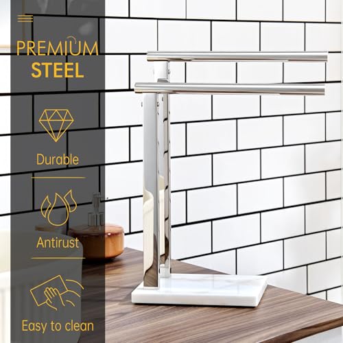 KOKOSIRI Hand Towel Bars Standing Towel Rack 2-Tier with Marble Base for Bathroom Vanity Countertop, Polished Stainless Steel 15.7'' Height THS0007-CH - color: Polished Chrome, size: 2-Bar