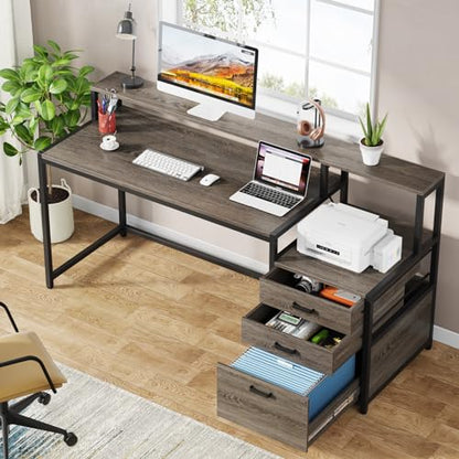Tribesigns 63 Inch Computer Desk with File Drawer Cabinet, Ergonomic Office Desk with Monitor Stand, Industrial Computer Table with Printer Space, Wood PC Table Workstation Desk for Home Office - color: Grey