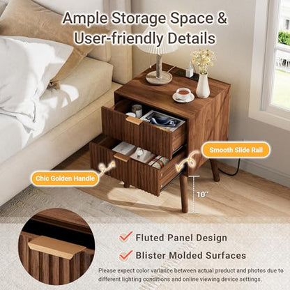 Walnut Fluted Nightstands Set of 2 with Charging & Beveled Edges | 18in Wide, FSC-Certified MDF, Solid Wood Legs, 2 Drawer, Metal Handle, Modern, Bedroom, Night Stand, Bedside Table, End Table - color: Walnut - Beveled Drawer, size: 18"W