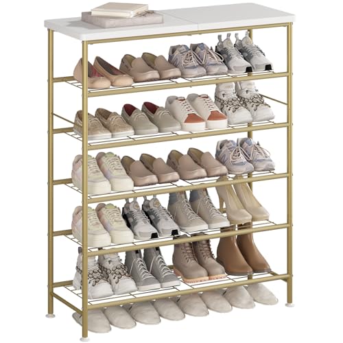 SUOERNUO Shoe Rack Organizer 6 Tier for Closet Entryway Free Standing Metal Storage Shoe Shelf with MDF Top Board，Gold - color: Gold, size: Standard 6 Tier