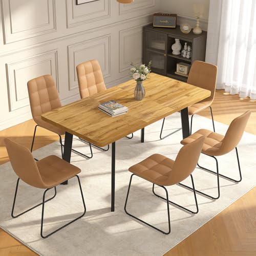 Extendable Dining Table Set for 4 to 8 People, 47.2" to 63" Modern Kitchen Table Set with 6 Chairs, MDF Dining Room Table and Chairs with Removable Extension Leaf (Walnut Table+U-Shaped Brown Chairs) - color: 47.2'' - 63'' Walnut Table+6 U Brown Chairs