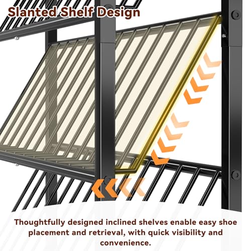 Narrow Shoe Rack, 4 Tier Slanted Metal Shoe Organizer for Small Space, Bench Shoe Storage Shelf for Entryway, Closet, Rustic Brown