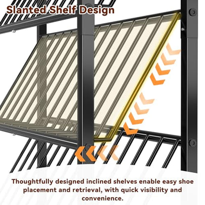 Narrow Shoe Rack, 4 Tier Slanted Metal Shoe Organizer for Small Space, Bench Shoe Storage Shelf for Entryway, Closet, Rustic Brown