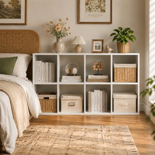 POWERSTONE 8 Cube Storage Organizer, Open Cube Bookshelf with Back Panels, Modern Display Cubby Bookcase for Bedroom Living Room Home Office, White