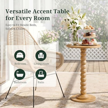 Round Side Table for Small Spaces, Modern Pedestal End Table with Solid Wood Spindle Leg, Small Drink Table Accent Nightstand for Living Room, Bedroom, Sofa Side, Apartment & Office, Wood - color: Wood